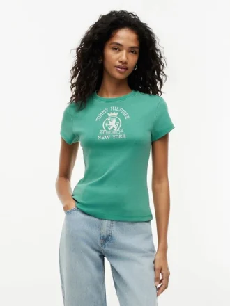 Tricou slim fit vopsit în întregime, cu logo Crest
